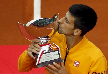 Novak Djokovic of Serbia kisses his trophy after winning the final tennis match against Tomas Berdych of the Czech Republic at the Monte Carlo Masters in Monaco