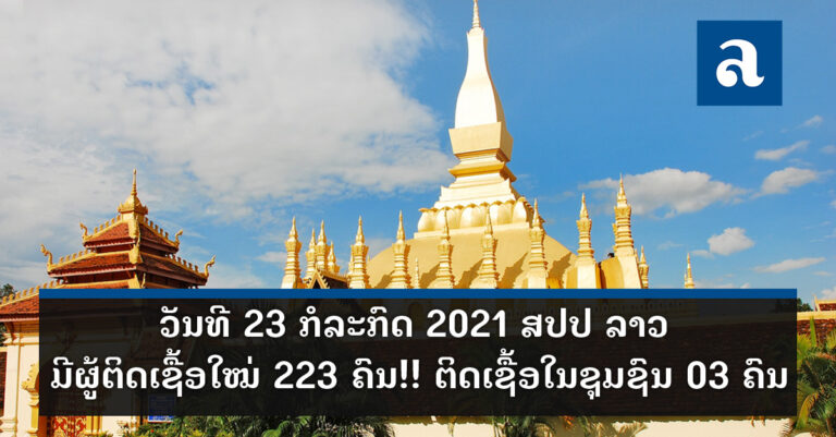 ວັນທີ 23 ກໍລະກົດ 2021 ສປປ ລາວ ມີຜູ້ຕິດເຊື້ອໃໝ່ 223 ຄົນ!! ຕິດເຊື້ອໃນຊຸມຊົນ 03 ຄົນ